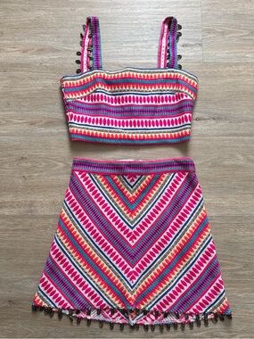 Saylor Pink Multicolor Embroidered Two-Piece Crop Top & Skirt Set Small